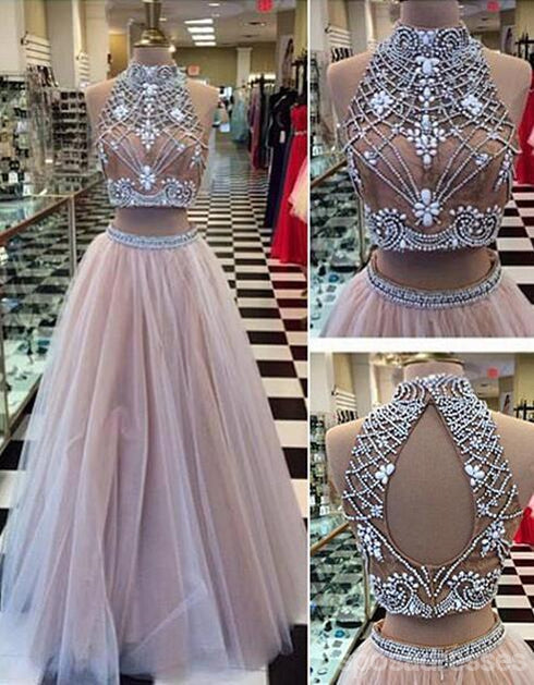 Two Pieces Halter Evening Prom Dresses, Sexy A line Tulle Open Back Prom Dresses 17010