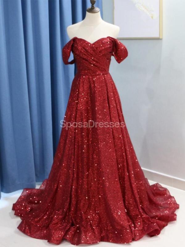 Σκούρο κόκκινο Sparkly Off ώμου A-line Long Evening Prom Dresses, Evening Party Prom Dresses, 12294