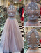 Two Pieces Halter Evening Prom Dresses, Sexy A line Tulle Open Back Prom Dresses 17010