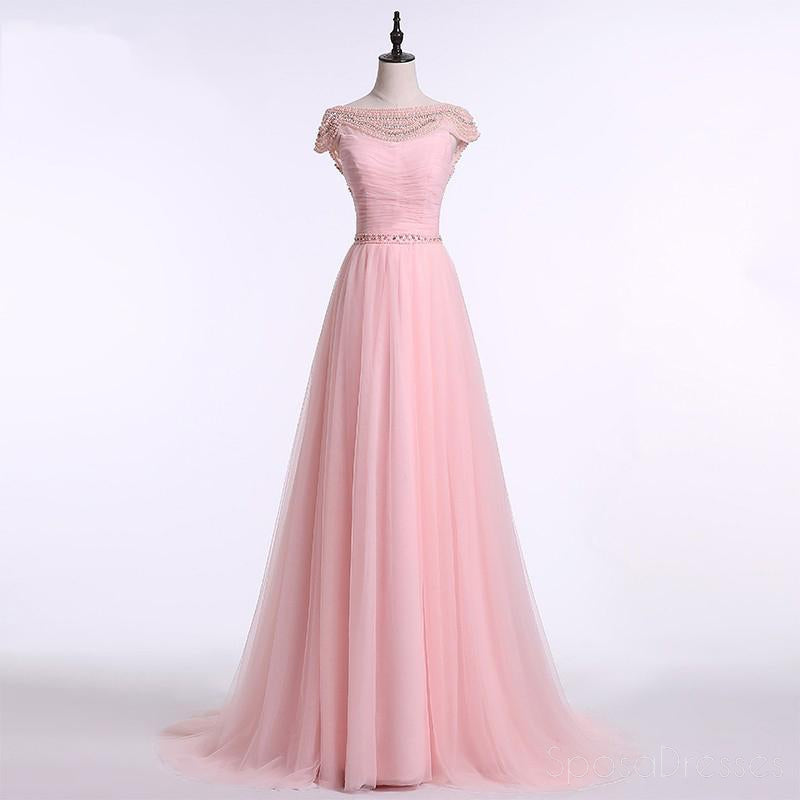 Sexy Backless Cap Sleeve Blush Pink Beaded Long Evening Prom Dresses, Popular Cheap Long 2018 Party Prom Dresses, 17241