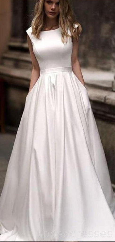 Scoop Simple de Satén Elegante Barato Vestidos de Novia en Línea, Barato de Encaje Vestidos de Novia, WD465