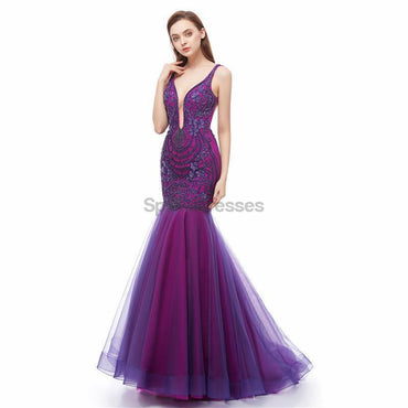 Desprezíveis de baile de baile de noite de pescoço V roxo sem traseiro sexy, vestidos de baile de festa de noite, 12107