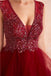 Robe de bal de soirée perlée rouge foncé à encolure en V, robes de bal de soirée, 12136