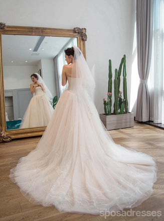 Tulle Simple sans bretelles Une ligne Longues Robes de mariée de Queue, Longues Robes de mariée Faites Personnalisées, Robes de Mariage Bon marché, WD208