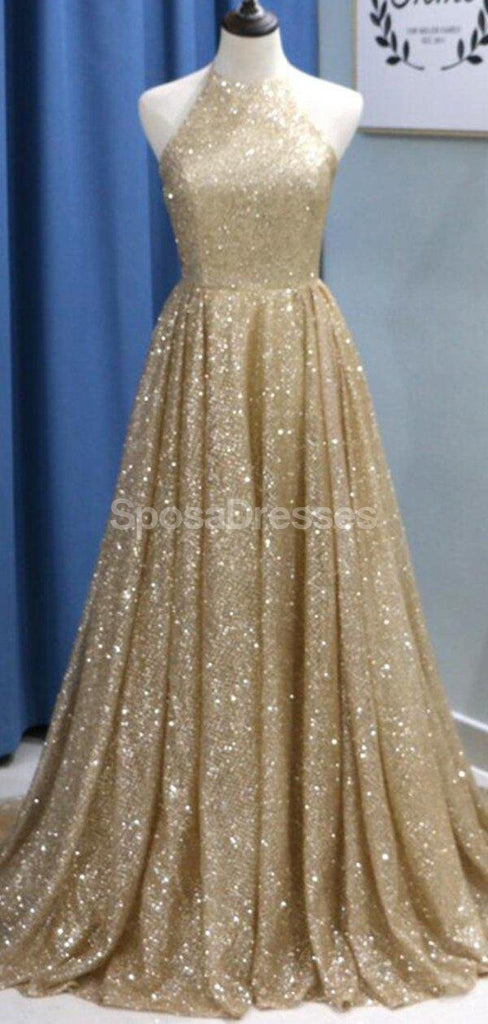 Sparkly Gold Sequin A-line Long Evening Prom Robes, Robes de bal soirée, 12295
