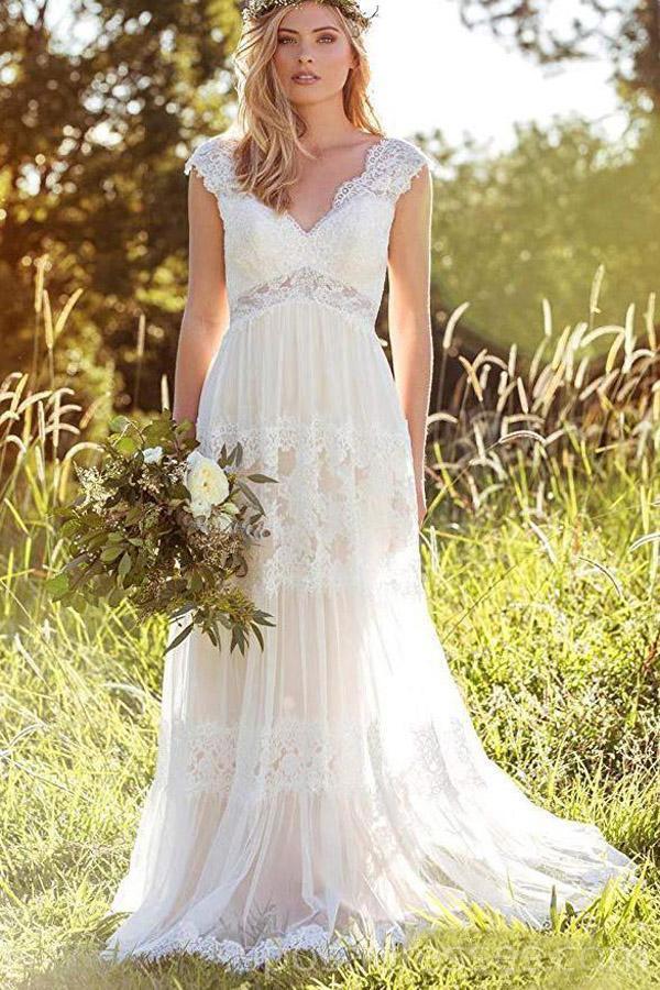 Backless Cap Sleeves Lace Cheap Wedding Dresses Online, Cheap Bridal Dresses, WD526