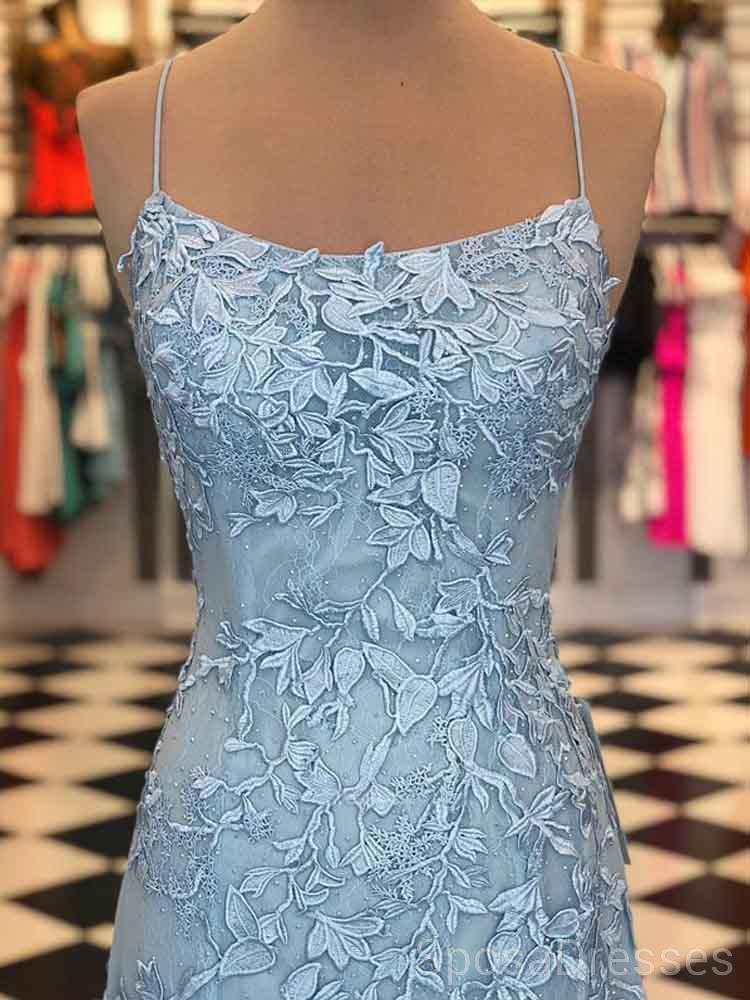 Spaghetti Straps Blue Lace Mermaid Longues Robes de bal de soirée, Cheap Custom Sweet 16 Dresses, 18460
