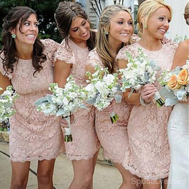 Μόδα καπάκι μανίκι ανοιχτό πίσω μικρό στρογγυλό λαιμό κοντό δαντέλα ρουζ ροζ μίνι φθηνά φορέματα παράνυμφων, WG116