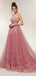 Ver a través de encaje rosa polvoriento una línea de vestidos de fiesta largos de noche, vestidos baratos de Sweet 16, 18354