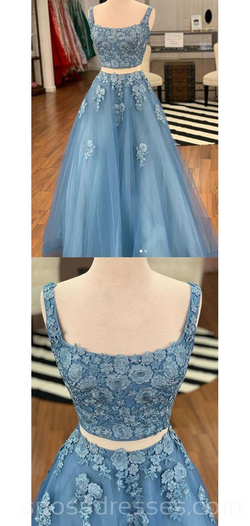 Dois Fatos Blue Lace Square Long Evening Prom Dresses, Cheap Party Custom Prom Dresses, 18630