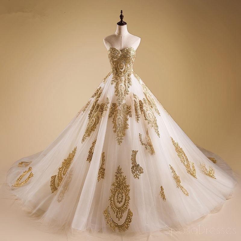 Querida Gold Lace A-line Long Evening Prom Dresses, Cheap Custom Sweet 16 Dresses, 18527