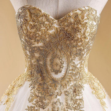 Sweetheart Gold Lace A-line Long Evening Prom Dresses, Cheap Custom Sweet 16 Dresses, 18527