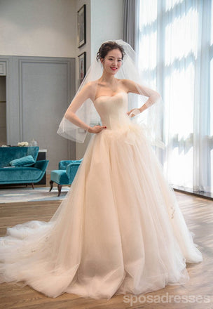 Tulle Simple sans bretelles Une ligne Longues Robes de mariée de Queue, Longues Robes de mariée Faites Personnalisées, Robes de Mariage Bon marché, WD208