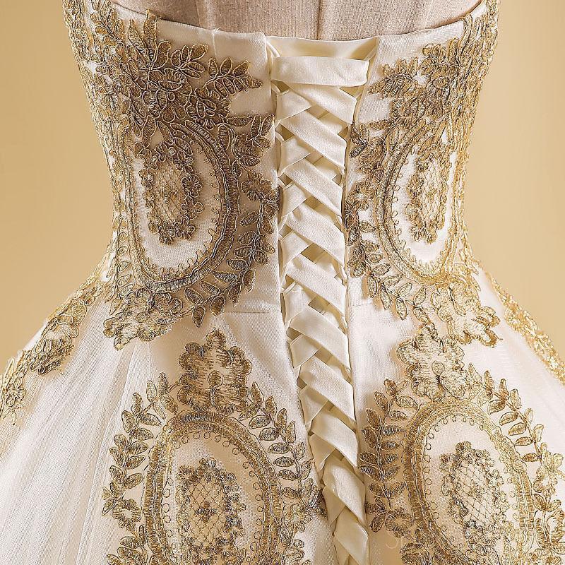 Querida Gold Lace A-line Long Evening Prom Dresses, Cheap Custom Sweet 16 Dresses, 18527