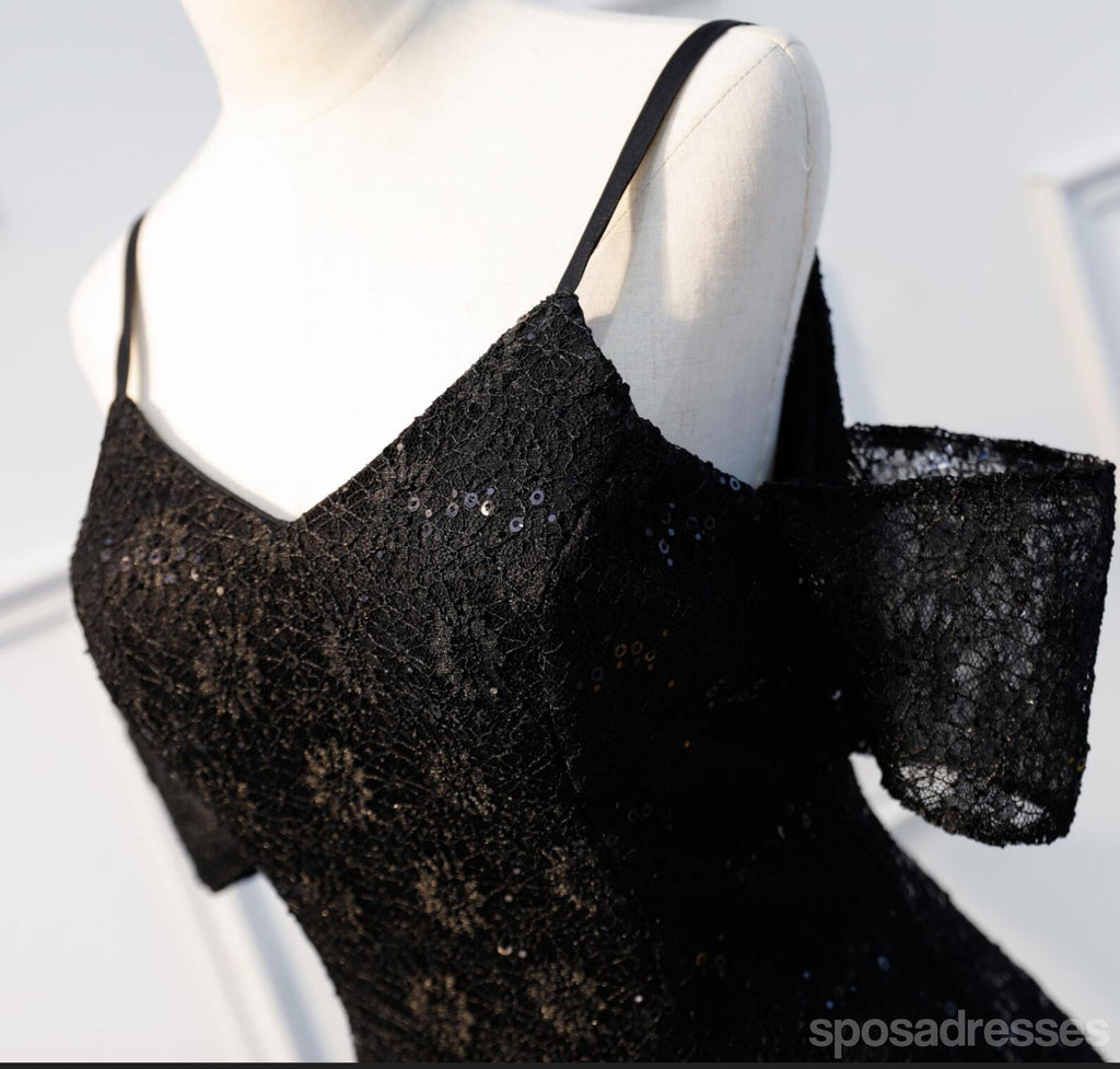 Robes de soirée courtes pas cher en dentelle noire à épaules dénudées en ligne, CM664