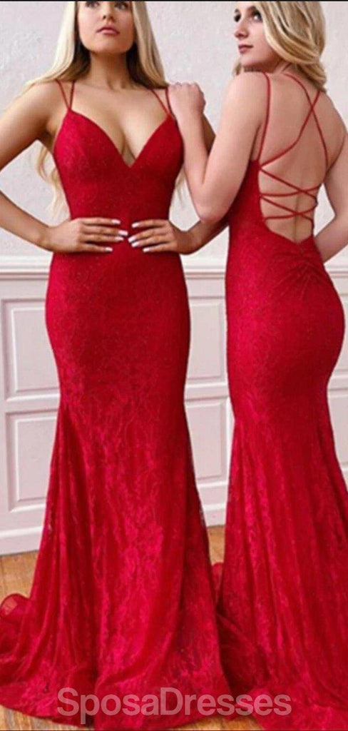 Κόκκινη δαντέλα γοργόνα backless βράδυ prom φορέματα, βραδινό κόμμα prom φορέματα, 12196