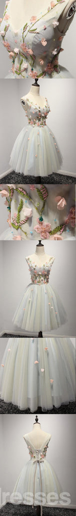 V Neckline Short Tulle Homecoming Prom Dresses,  Flower Short Party Prom Dresses, Perfect Homecoming Dresses, CM206
