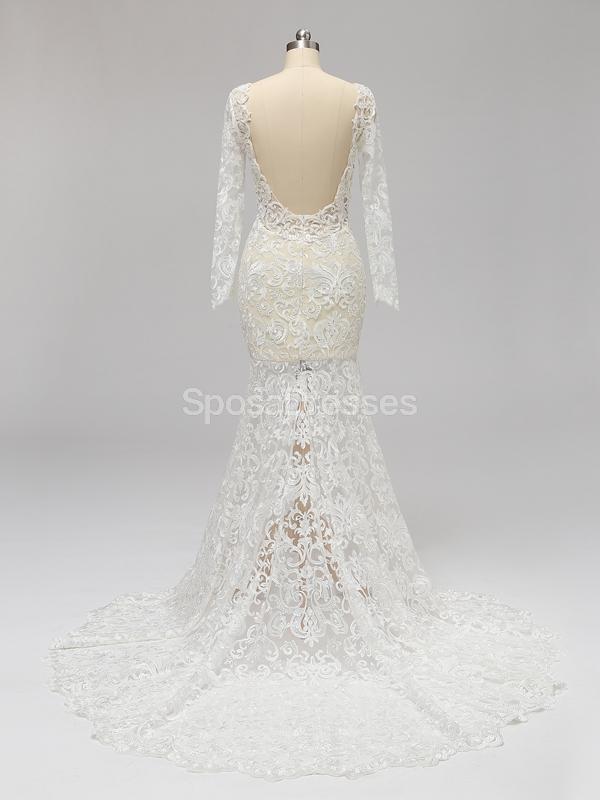 Vestidos de novia de sirena de encaje sin espalda de manga larga en línea, vestidos de novia únicos baratos, WD585