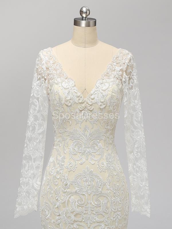 Vestidos de novia de sirena de encaje sin espalda de manga larga en línea, vestidos de novia únicos baratos, WD585