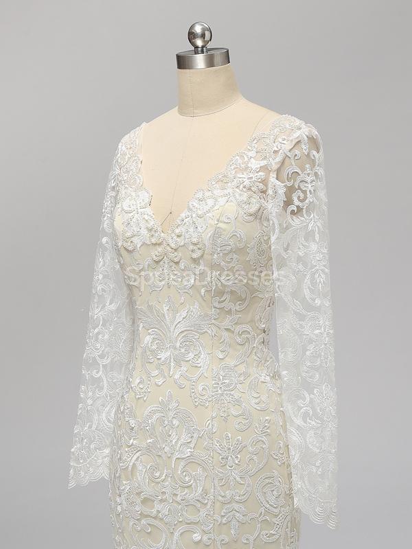 Γαμήλια φορέματα με γοργόνα με μακριά μανίκια χωρίς δαντέλα σε απευθείας σύνδεση, φθηνά μοναδικά νυφικά, WD585