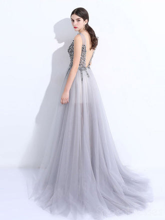 Sexy Backless See Through A line Beaded Gray Long Evening Prom Dresses, Popular Cheap Long 2018 Party Prom Dresses, 172655