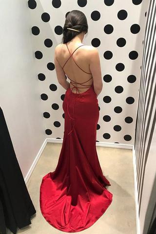 Sexy Red Backless Straight Neck Mermaid Long Evening Prom Dresses, 17695