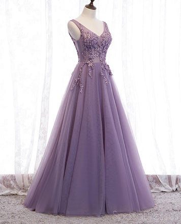 V Neck See Through Dusty Purple Long Evening Prom Dresses, Sweet 16 Prom Dresses, 12366