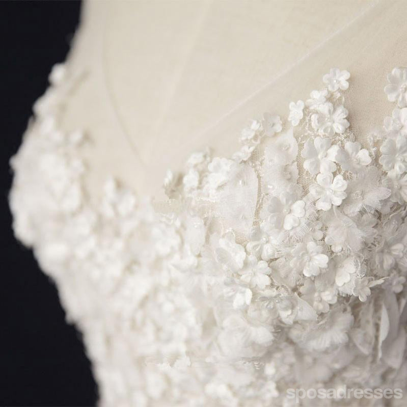 See Through V Neck Lace Cheap Custom A-line Long Wedding Bridal Dresses, WD290