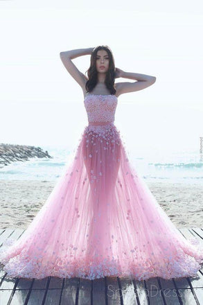Δύο κομμάτια Pink Tulle Lake Long Evening Prom Dresses, Sexy See See See See See Μέσω Party Prom Dress, Προσαρμοσμένο Long Prom Dresses, Cheap Formal Prom Dresses, 17045