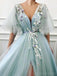 A-line Tulle Side Slit Long Prom Dresses, Sweet 16 Prom Dresses, 12419