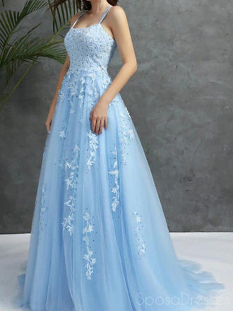 A-line Applique Spaghetti Straps Long Prom Dresses, Sweet 16 Prom Dresses, 12448