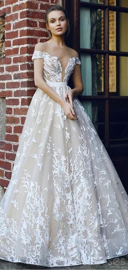 A-line Deep V Neck Off The Shoulder Prom Dresses, Sweet 16 Prom Dresses, 12466