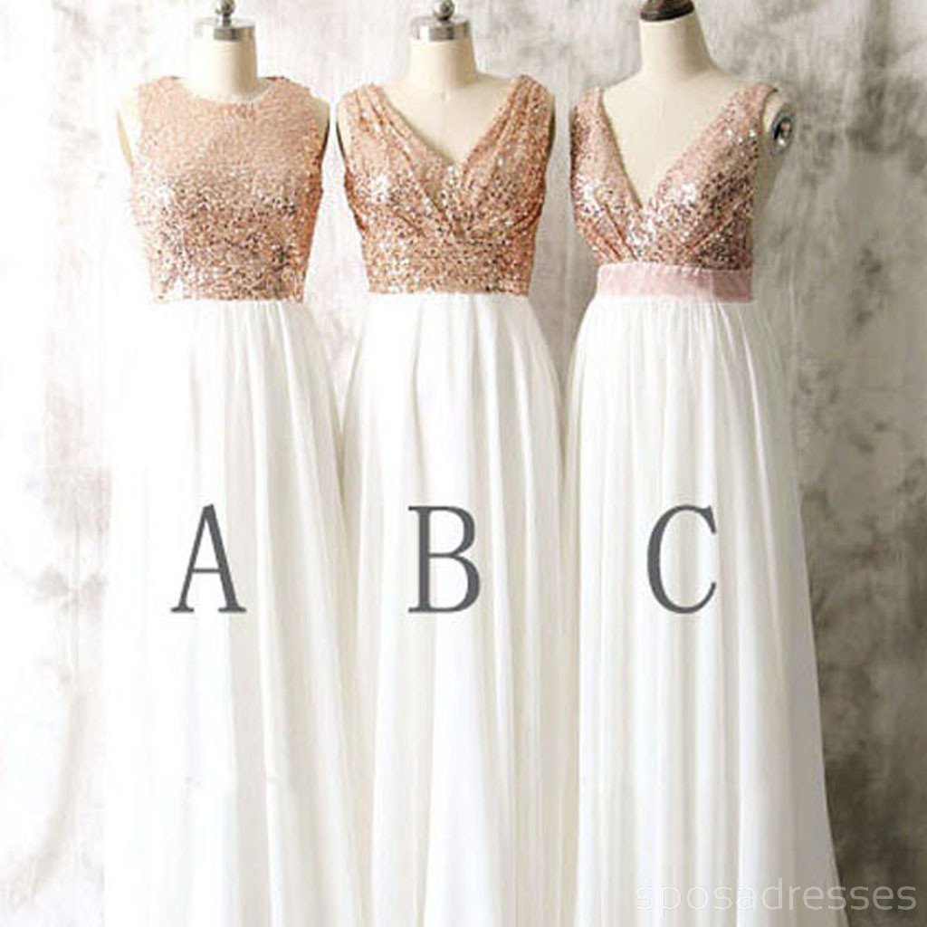 'Ασχημα ρούχα Sequin Top White Chiffon Slevless on Sale Long Bridessaid Dress for Wedding, WG17