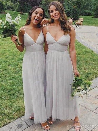 Spahgetti correias vestidos de dama de honra longos de tule cinza on-line, vestidos de dama de honra baratos, WG734
