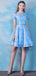 Vestidos de fiesta baratos de encaje azul de manga corta en línea, vestidos de baile cortos baratos, CM777