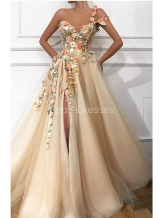 Flower Shoulder Side Slit Cute Long Evening Prom Dresses, Evening Party Prom Dresses, 12224