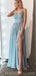 Φωτεινά γαλάζια λουράκια σπαγγέτι με πλευρική σχισμή μακρά βραδινά φορέματα, φθηνά προσαρμοσμένα γλυκά 16 φορέματα, 18550