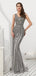 V-Ausschnitt Grau Perlen Meerjungfrau Abend Abendkleider, Abendparty Abendkleider, 12089
