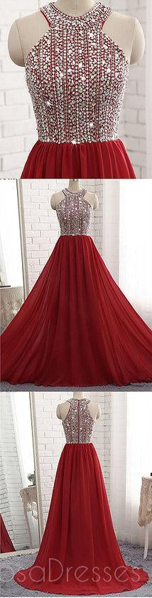 Σκούρο κόκκινο Halter Chiffon Beaded A line Long Custom Evening Prom Dresses, 17416