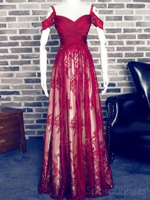 2018 Off Shoulder Dark Red Lace Cheap Long Evening Prom Dresses, 17502