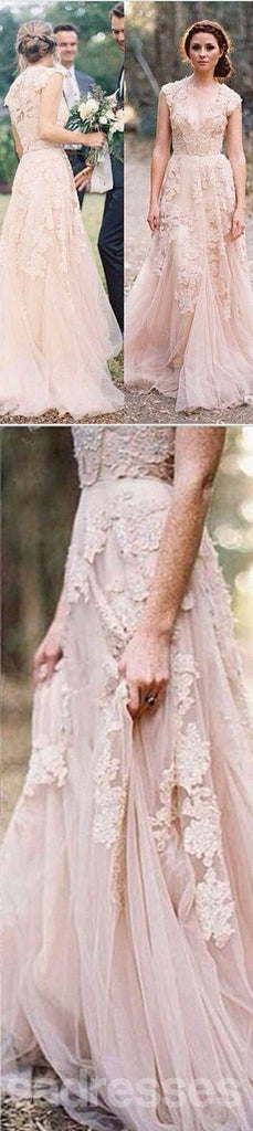 Charming Pink Lace Sexy V-neck Long Sheath Tulle Wedding Party Dresses, WD0139