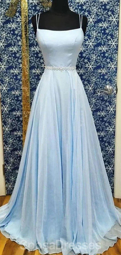 Απλό γαλάζιο σιφόν μακρυμάνικα φορέματα βραδινών χορού, βραδινά φορέματα, 12187