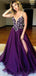 Violet bretelles spaghetti fente latérale lourdement perlée longues robes de bal de soirée, pas cher Sweet 16 robes, 18342