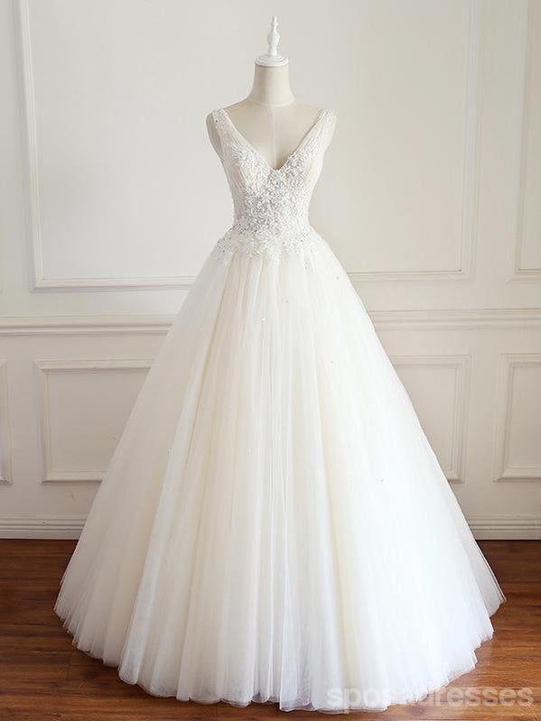 V-Ausschnitt A-Linie Spitze lange benutzerdefinierte billige Hochzeit Brautkleider, WD301