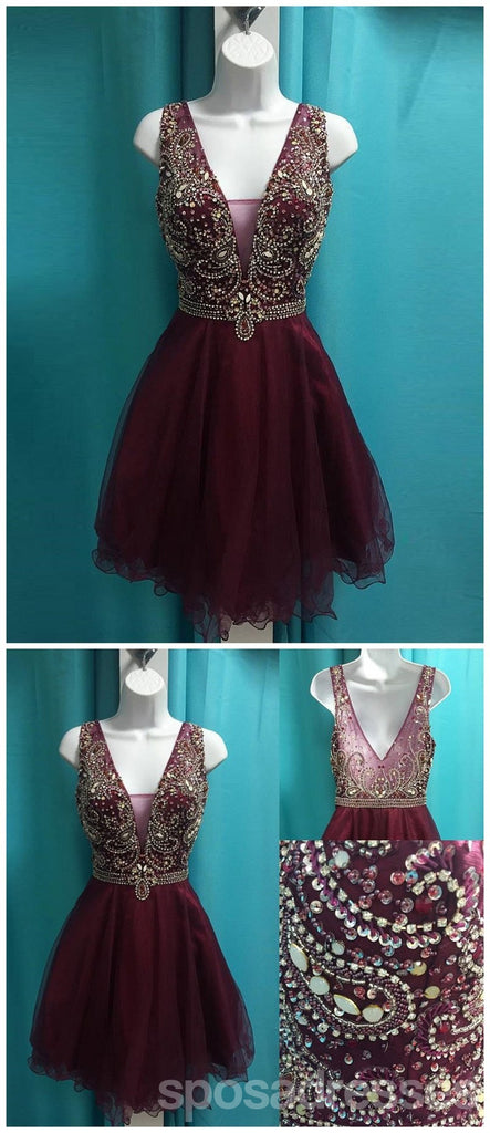 See Through V Neck Cute Beaded Maroon Homecoming Dresses 2018, CM499
