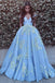 Off Shoulder V Neck Backless Light Blue A-line Floor Length Custom Long Evening Prom Dresses, 17385