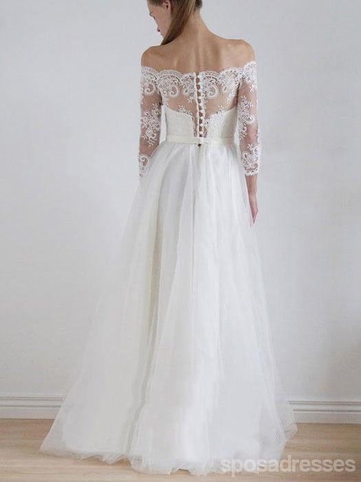 Vestidos de novia baratos de una línea de encaje de manga larga con hombros descubiertos en línea, WD336
