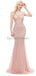 Peach Vu à travers Cap-Sleves dentelle perlée sirène robes de bal de soirée, robes de soirée de bal, 12046