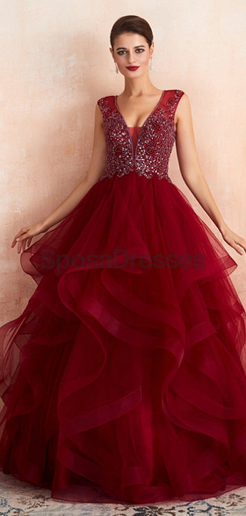 Robe de bal de soirée perlée rouge foncé à encolure en V, robes de bal de soirée, 12136