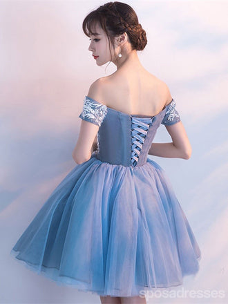 Φθηνά μπλε μακριά ώμου δαντέλα χαριτωμένα Homecoming φορέματα, CM446